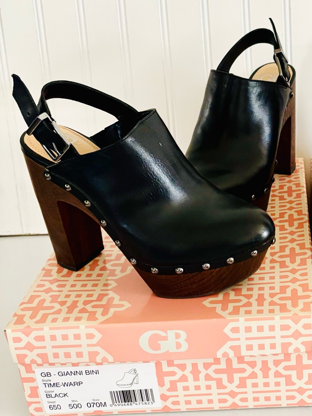 Gianni Bini Black Leather Studded Platform Clogs